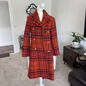 LUCA LUCA Women Size S Wool Plaid Trench Jacket Peacoat Orange Red Preppy Italy